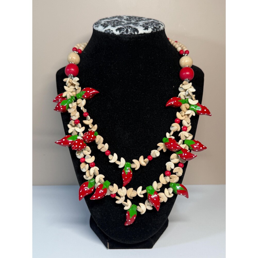 Vintage Strawberry Necklace Wood Seed Beads Multistrand Statement 25.5"